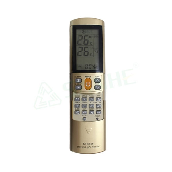 Image of KT-N828 universal remote control for air-conditioners with LCD display and multiple control buttons.